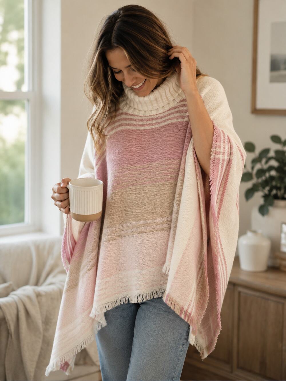 NEW Tahari Women's Pink Ombre Knit Turtleneck Poncho Sweater Fringe